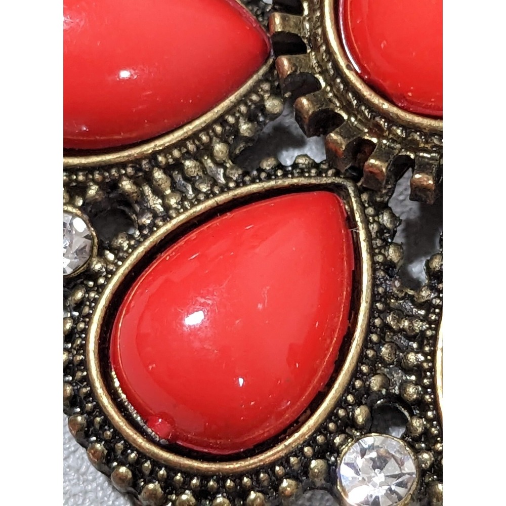 Red Orange Cabochon Statement Necklace Bronze Tone Boho Western Bib 21" - Picture 8 of 9
